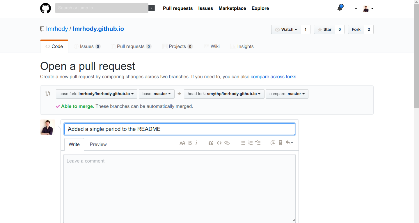 Image showing the message box after creating a pull request