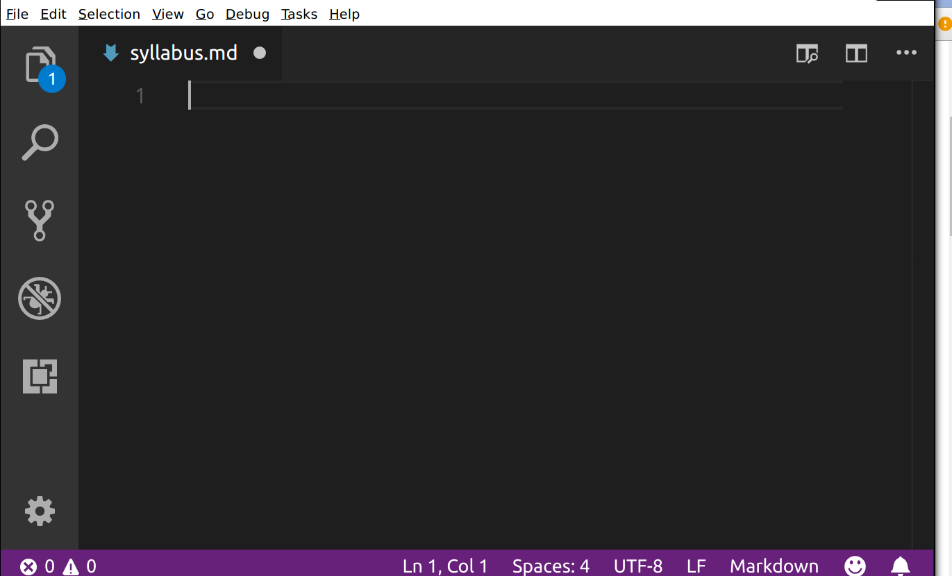Image of what Visual Studio Code looks like when opening the syllabus.md file