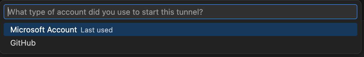 options to select the type of account used for authorization. Typically this shows Microsoft and Github.
